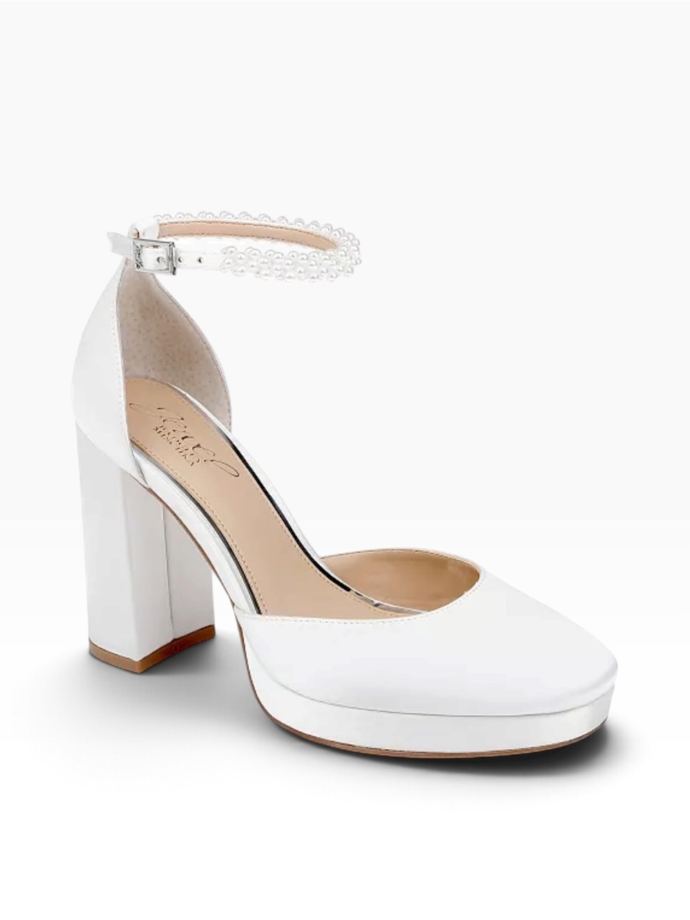 New in Box Badgley Mischka Ivory Satin Noble Platform Pearl Strap Block Heel